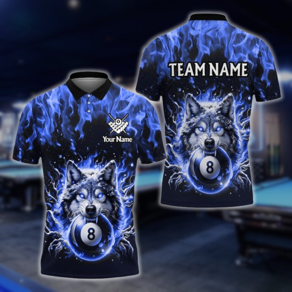 Custom Wolf 8 Ball Flaming Billiard Men Polo Shirt, Custom Wolf Billiard Team Shirts BLD0044