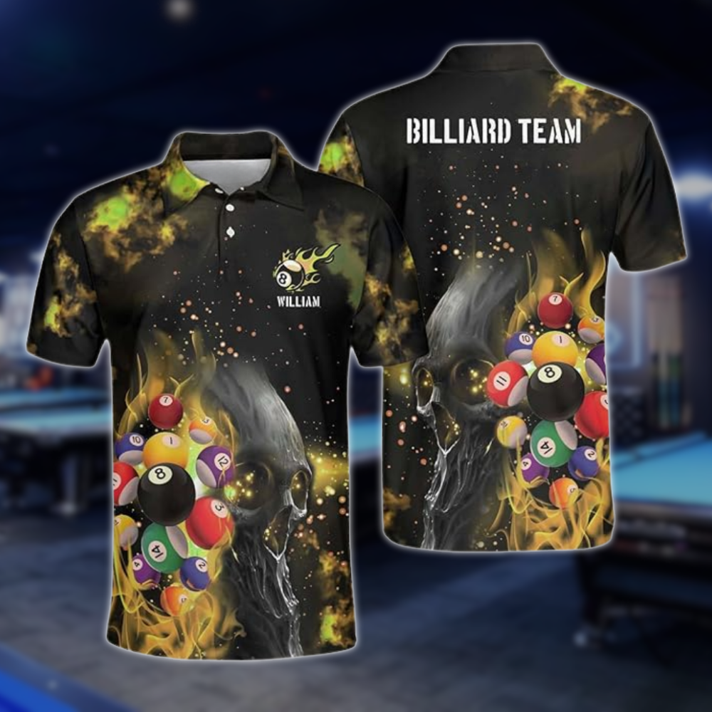 Custom Flame Skull Billiard Polo Shirt For Men, Custom Skull Billiard Team Shirts BLD0281
