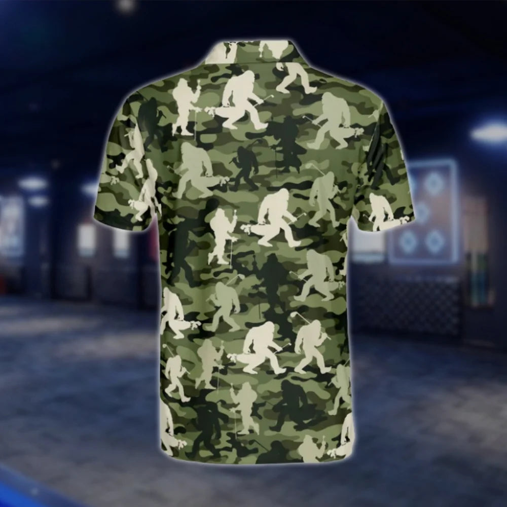 Bigfoot Sasquatch Mens Green Camouflage Golf Polo Shirts, Bigfoot Golf Shirt GOF0194