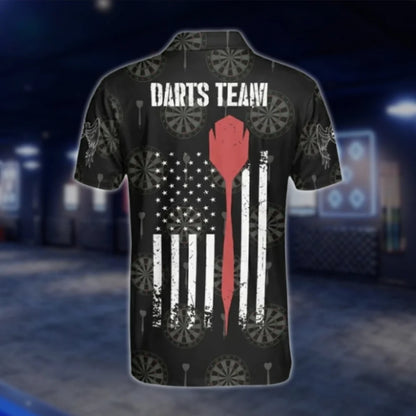 Custom Mens American Flag Black Dart Polo Shirt, Custom Patriotic Dart Team Shirt DAT0459