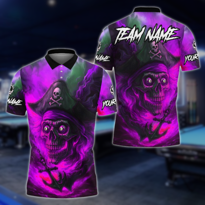 Custom Pirate Skull 8 Ball Polo Shirt For Men, Custom Skull Flame Billiard Team Shirts BLD0125