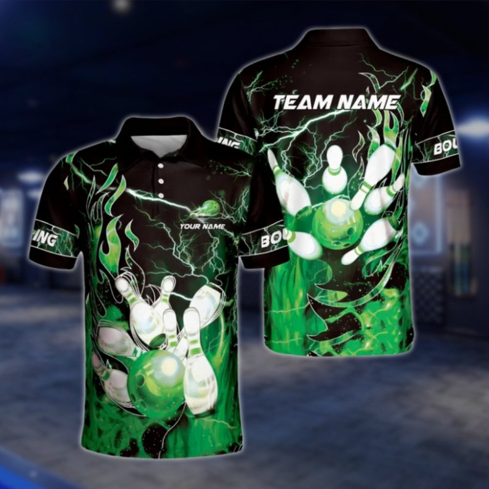 Custom Fire Thunder Bowling Polo Shirts For Mens, Custom Flame Team Bowling Shirts BZ0178 BOW0378