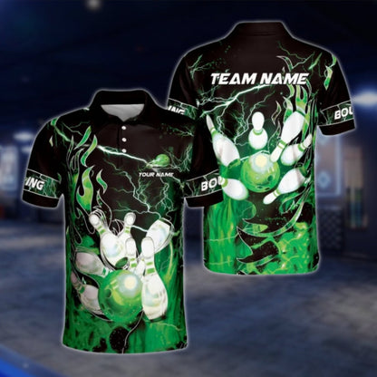 Custom Fire Thunder Bowling Polo Shirts For Mens, Custom Flame Team Bowling Shirts BZ0178 BOW0378
