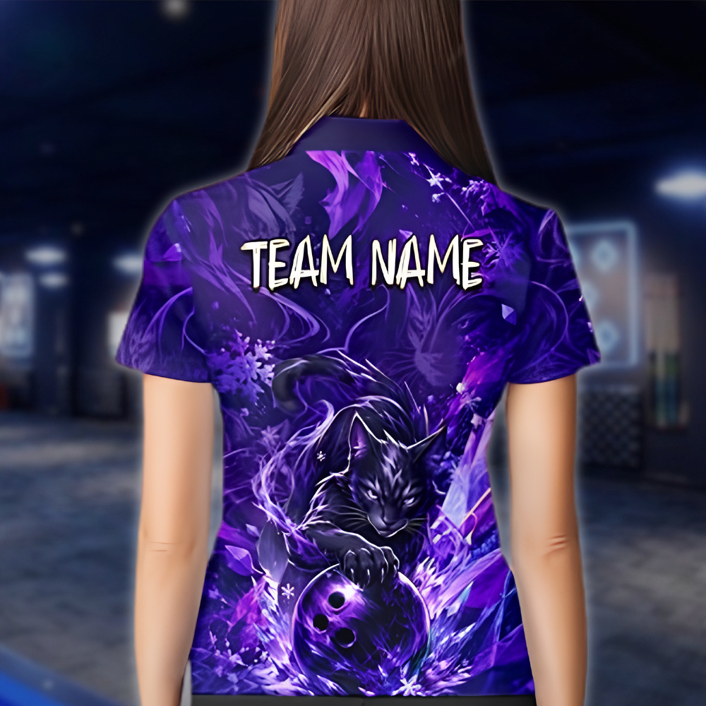 Personalized Cat Black Purple Bowling Jersey For Women, Custom Cat Team Bowling Shirt Ladies BZ0882 BOW0061