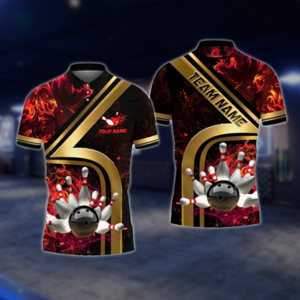 Custom Flame Gold Red Bowling Polo Shirt For Mens, Custom Team Flame Bowling Shirts BO0418 BOW0401