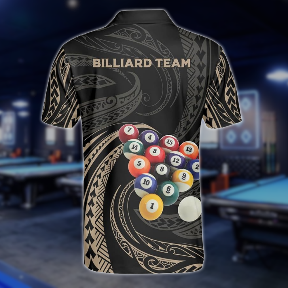 Custom Tribal Black And Gold Billiard Polo Shirts For Men, Custom Tribal Billiard Team Shirts BLD0289