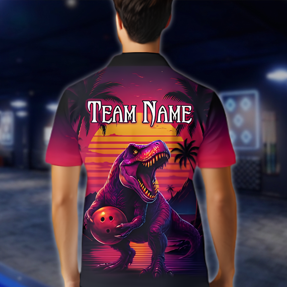 Personalized Sunset Dinosaur Bowling Polo Shirt Mens, Custom Team Dinosaur Bowling Shirt BZ0879 BOW0064