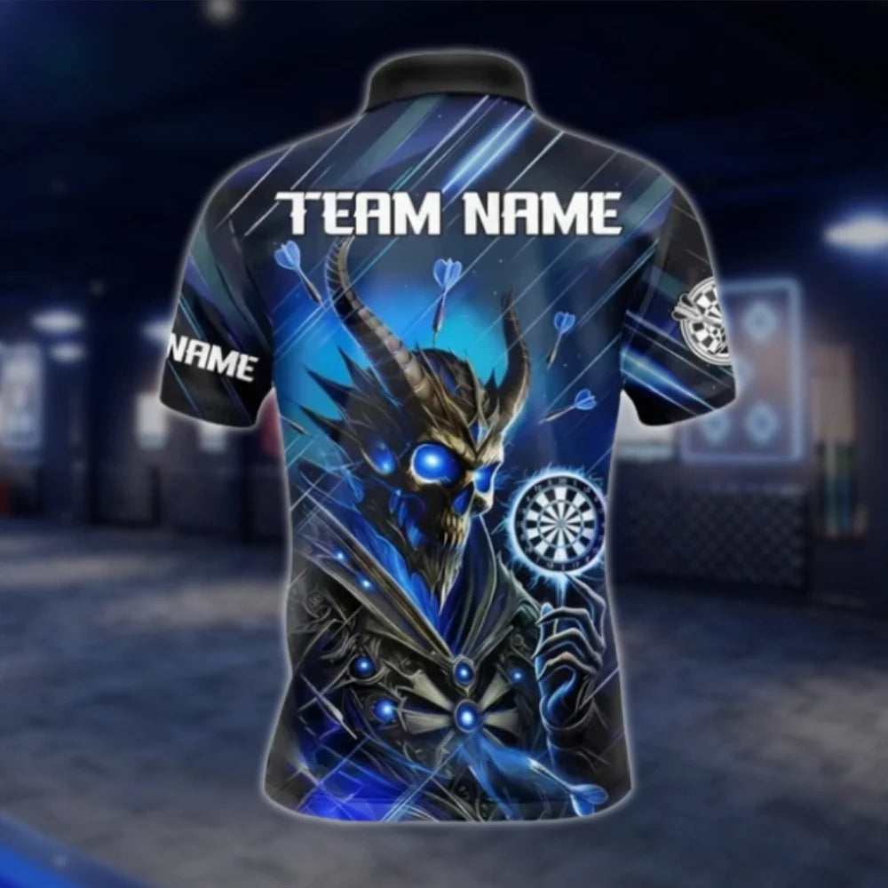 Demon Skull Personalized Darts Men Polo Shirt, Custom Skull Dart Team Shirts Blue DAT0377