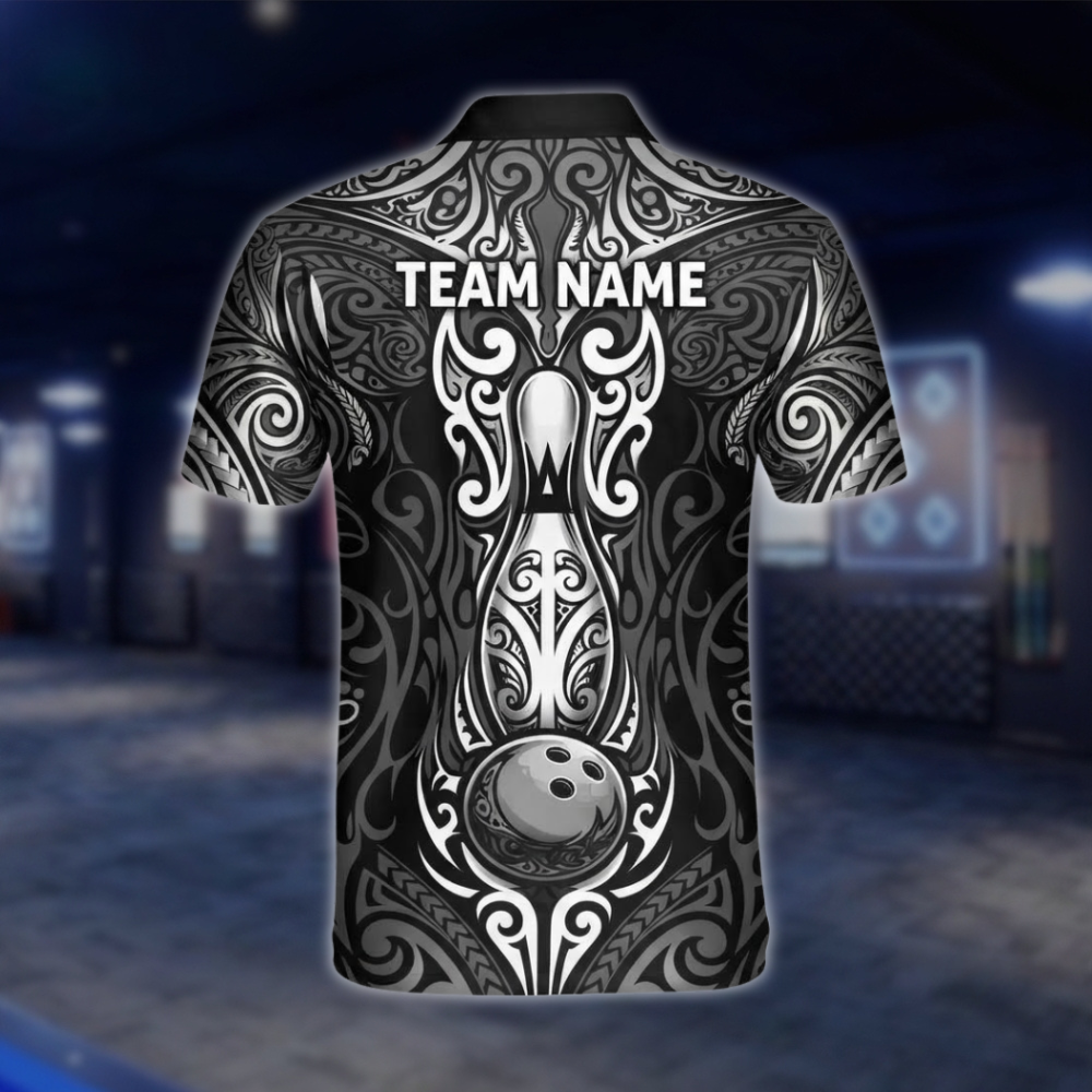 Personalized Tribal Black Grey Bowling Polo Shirt Men, Custom Tribal Bowling Shirt For Team BZ0933 BOW0005