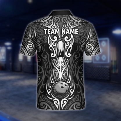 Personalized Tribal Black Grey Bowling Polo Shirt Men, Custom Tribal Bowling Shirt For Team BZ0933 BOW0005