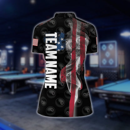 Custom American Flag Smoke 8 Ball Billiard Jersey For Ladies, Women's Custom Patriotic Billiard Team Shirts BLD0172
