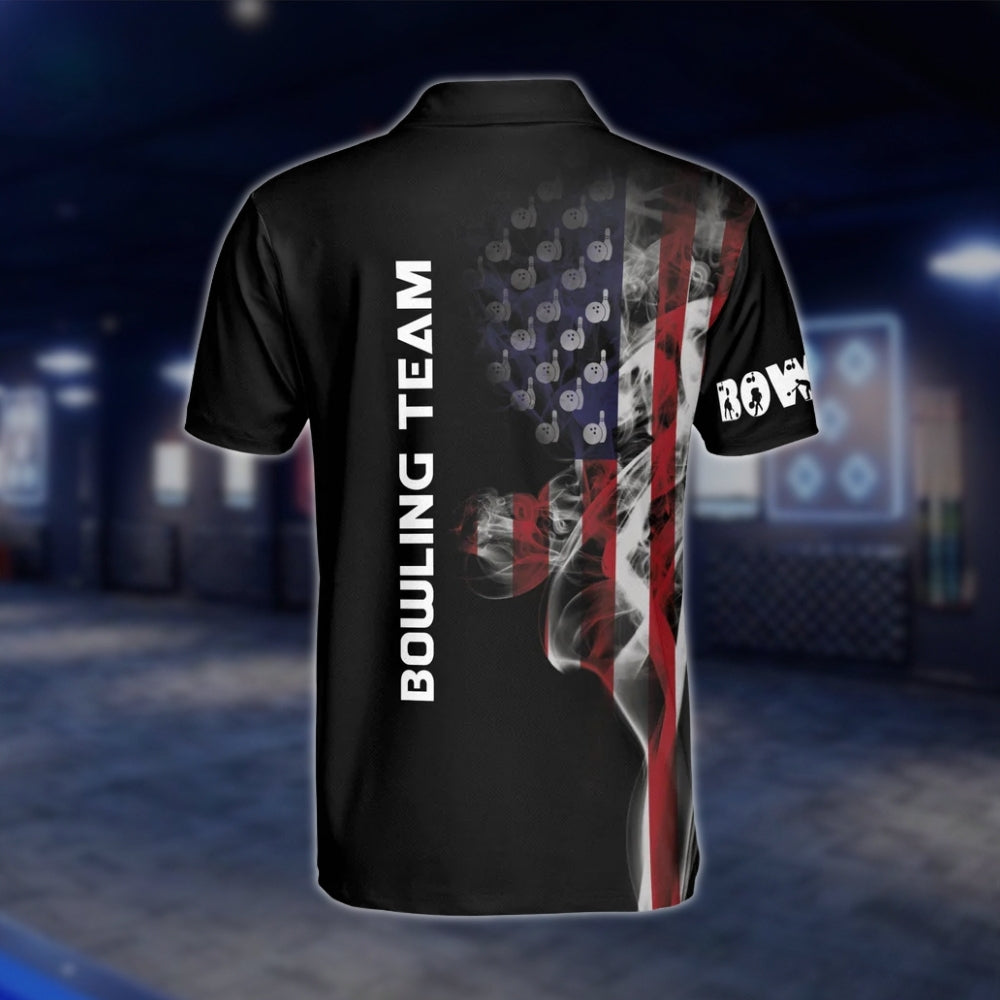 Custom American Flag Smoke Bowling Polo Shirt, Custom Patriotic Bowling Team Shirts BM0319 BOW0269