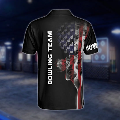 Custom American Flag Smoke Bowling Polo Shirt, Custom Patriotic Bowling Team Shirts BM0319 BOW0269