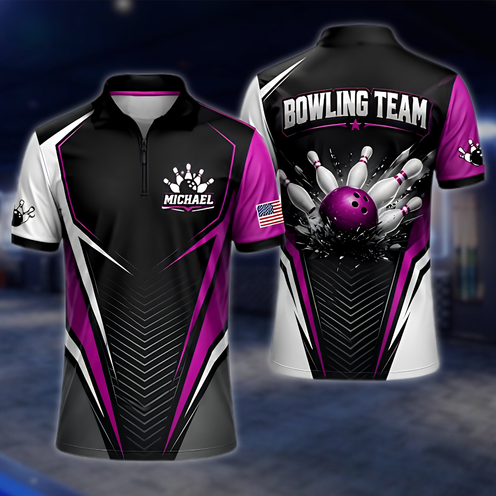 Personalized Black Red Bowling Team Jersey, Custom Mens Bowling Shirt BZ0872 BOW0074