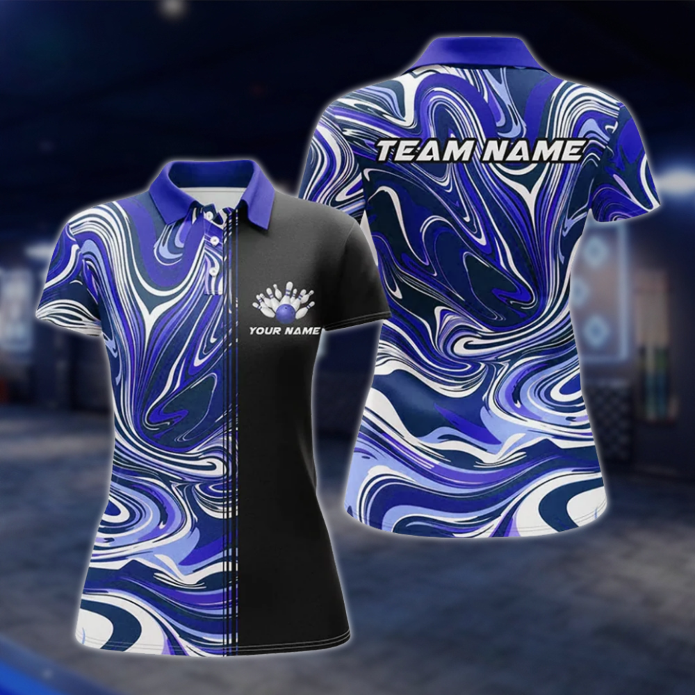 Personalized Marble Purple Black Women's Bowling Polo Shirt, Custom Team Bowling Shirt Ladies BZ0766 BOW0142