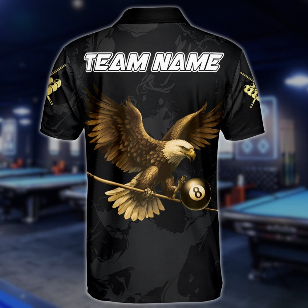 Custom Black And Gold Eagle Billiard Polo Shirts For Mens, Custom Eagle Billiard Team Shirts BLD0145