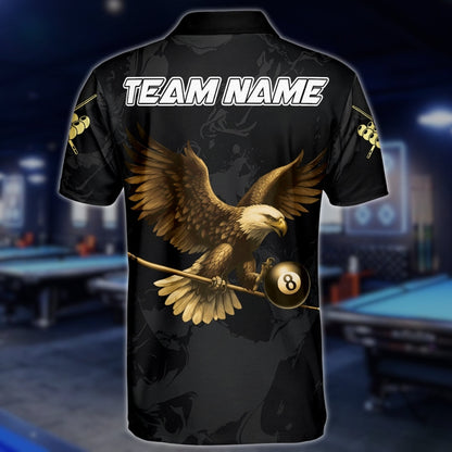Custom Black And Gold Eagle Billiard Polo Shirts For Mens, Custom Eagle Billiard Team Shirts BLD0145