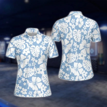 Hibiscus Tropical Matching Blue Golf Polo Shirts For His And Her, Matching Floral Couple Golf Shirts GOF0173