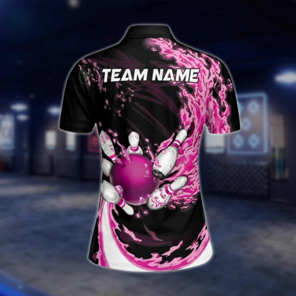 Women's Custom Pink Flame Bowling Polo Shirt, Custom Flame Bowling Team Shirts For Ladies BW0139 BOW0242