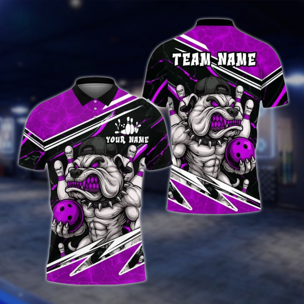 Personalized Angry Muscle Dog Bowling Mens Polo Shirt, Custom Dog Bowling Shirt Team BE0218 BOW0109