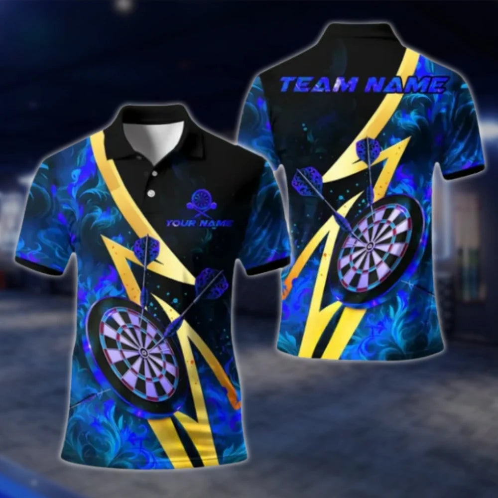 Custom Flaming Black Gold Mens Dart Polo Shirt, Custom Flame Dart Team Shirts DAT0384