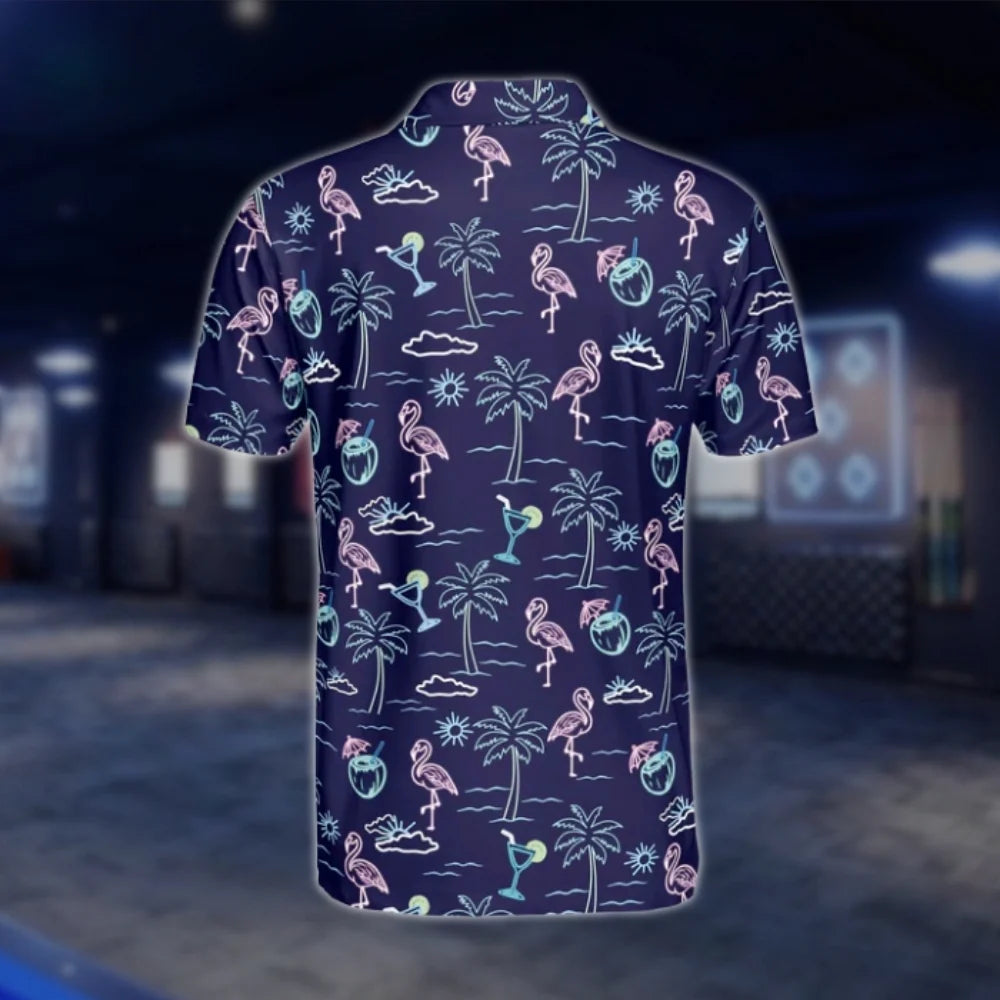 Neon Flamingo Tropical Mens Navy Golf Polo Shirts, Flamingo Golf Shirt GOF0192