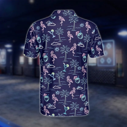 Neon Flamingo Tropical Mens Navy Golf Polo Shirts, Flamingo Golf Shirt GOF0192