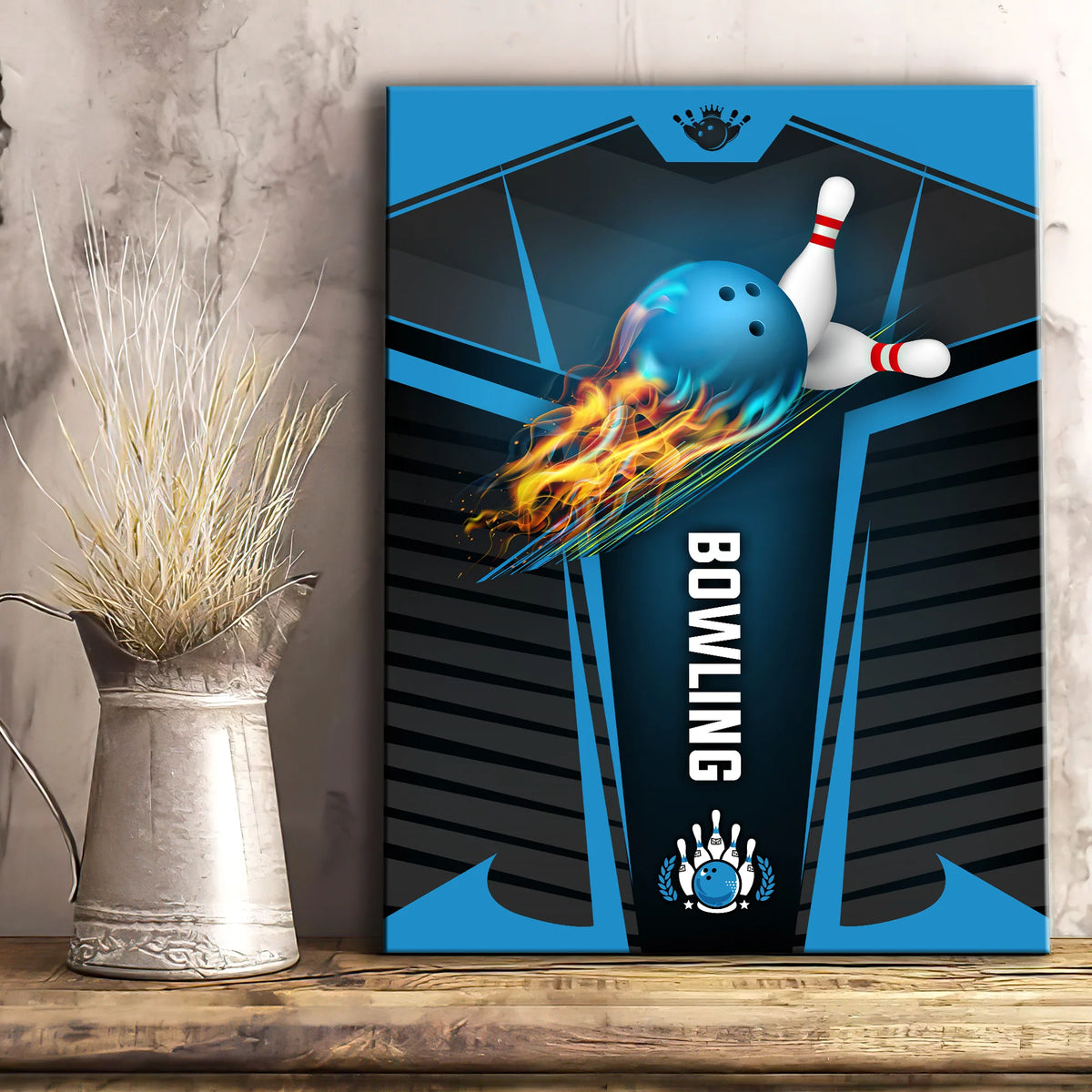 The Blue Bowling Ball In Flames Breaks White Skittles Graphic Printed Vertical Canvas Bowl Game Living Room Decor Gift For Bowlers ORN0130