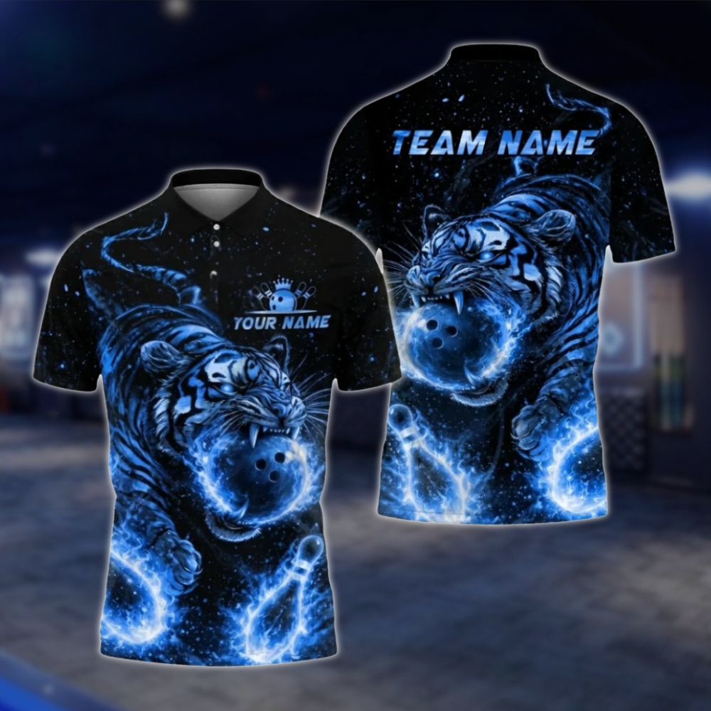 Personalized Tiger Flaming Ball Bowling Polo Shirt For Men, Custom Tiger Bowling Shirt Team BZ0805 BOW0101