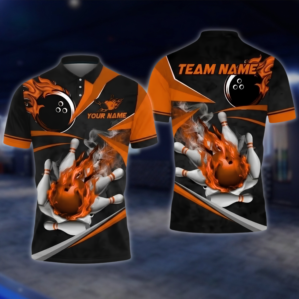 Personalized Fire Ball Black And Gold Bowling Polo Shirt For Men, Custom Flame Bowling Shirt Team BZ0897 BOW0046