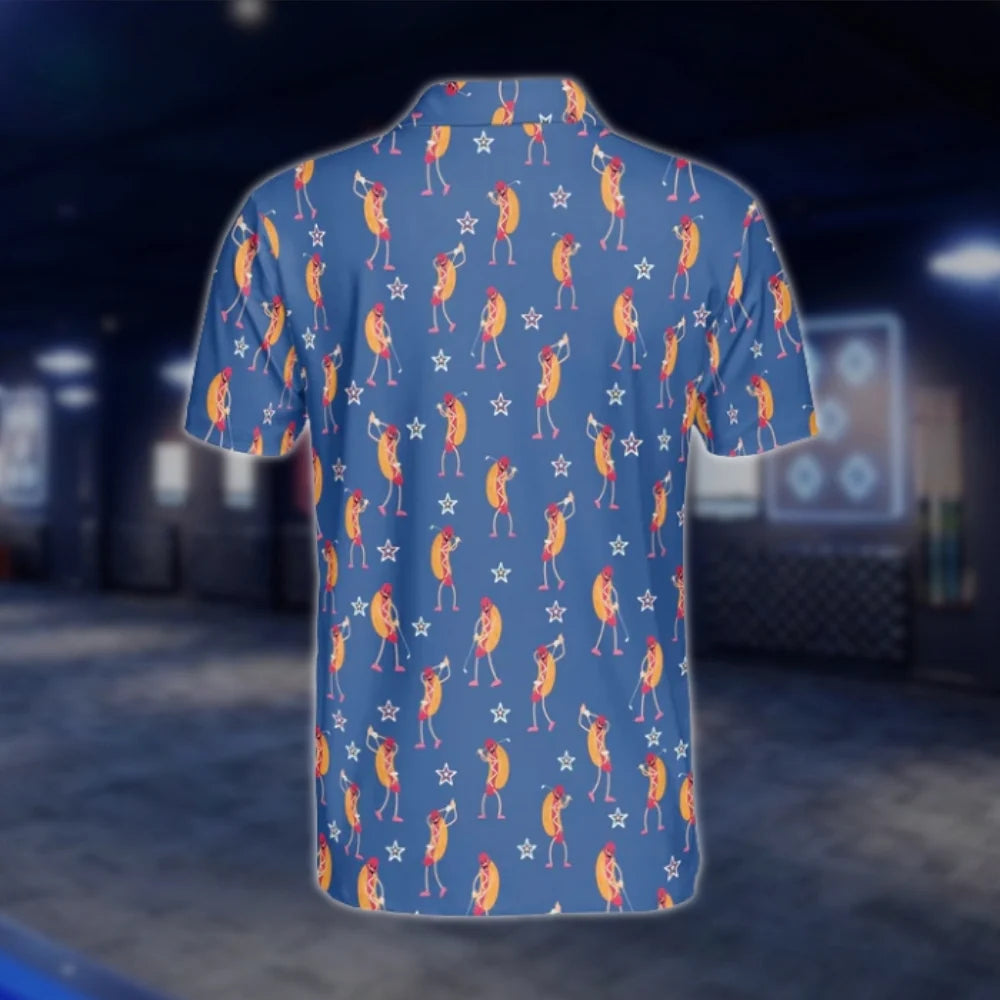 Funny Hot Dog Blue Golf Polo Shirts For Men, Hot Dog Golf Shirts GOF0263
