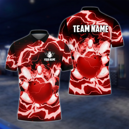 Custom Flame Thuder Men's Blue Bowling Polo Shirt, Custom Flame Bowling Shirts For Team BO0359 BOW0299