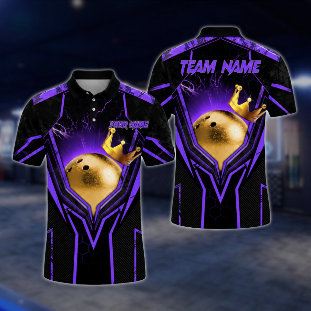 Custom Team Black Blue Bowling Ball King Polo Shirts For Men, Custom Bowling Team Shirts BA0004 BOW0458