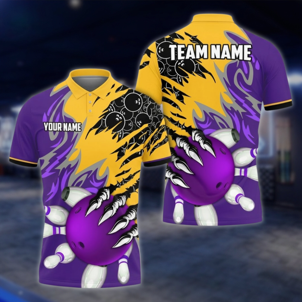 Personalized Team Orange Blue Grunge Bowling Polo Shirt, Custom Bowling Shirt For Men BZ0855 BOW0093