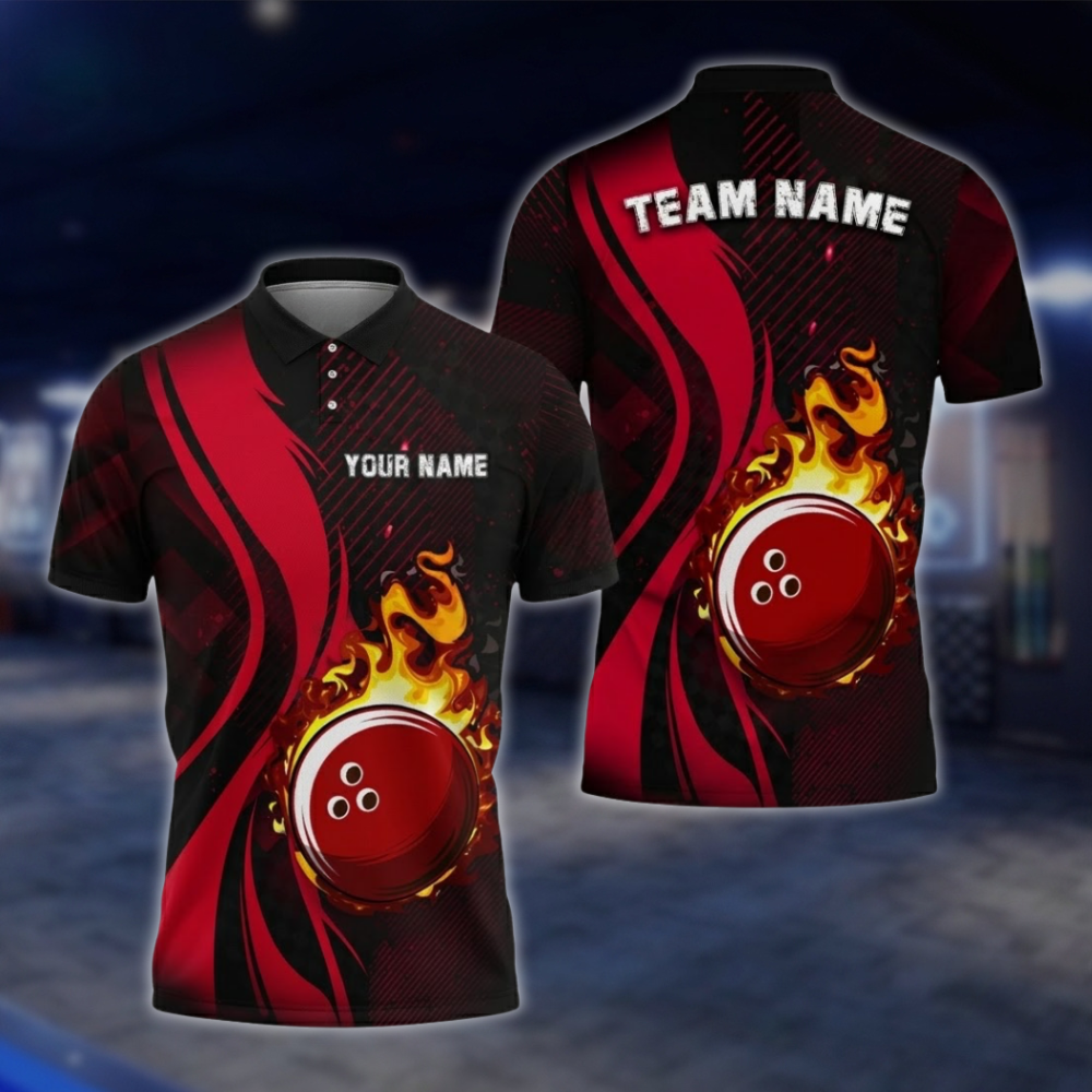 Personalized Flame Ball Men's Blue Black Bowling Polo Shirt, Custom Flame Bowling Team Shirts BZ0746 BOW0173