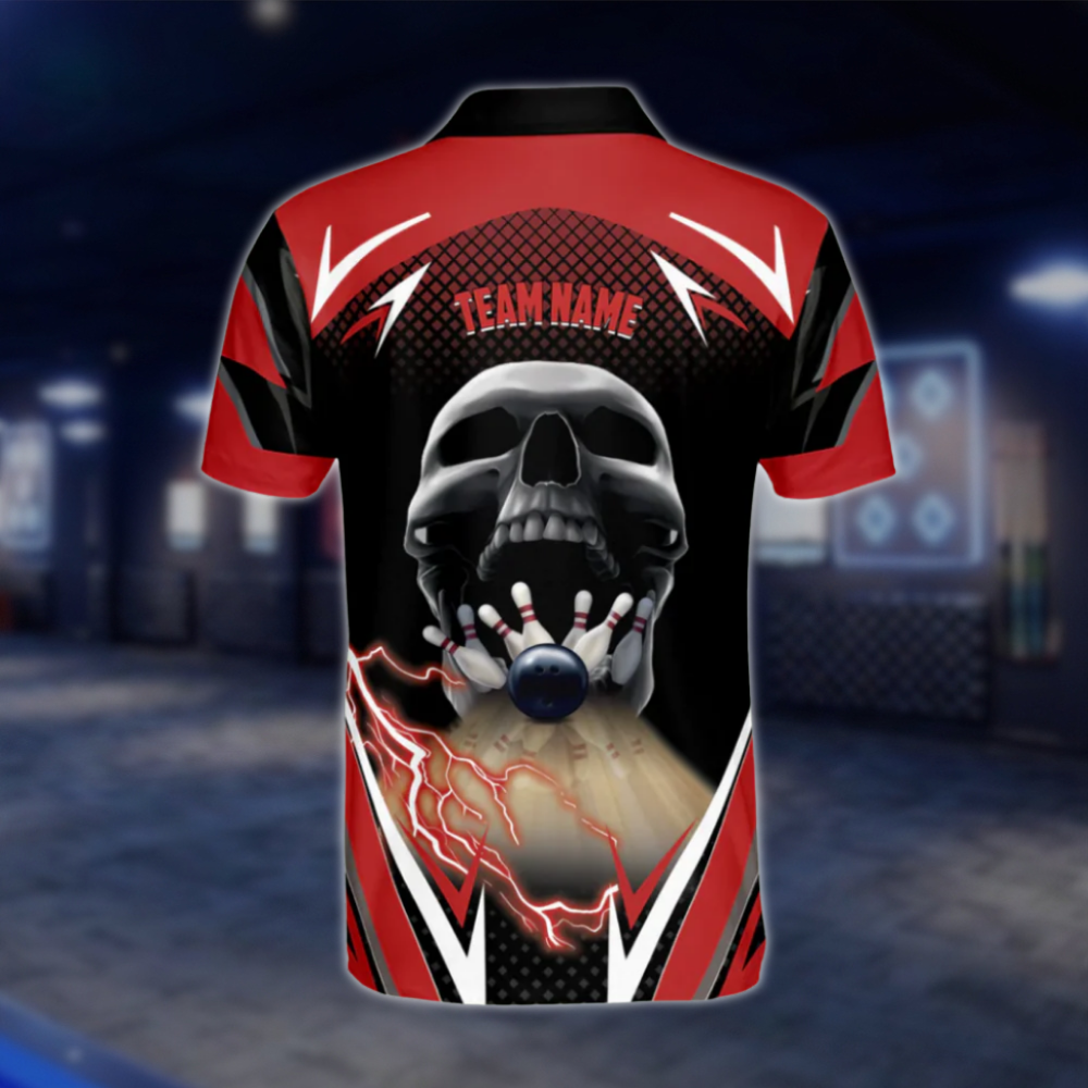 Custom Skeleton Black Red Bowling Polo Shirt For Mens, Custom Skull Team Bowling Shirts BM0292 BOW0413