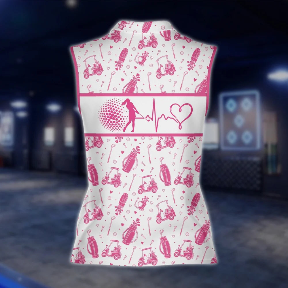 Heartbeat Golf Pattern Women's Golf Polo Shirt, White And Pink Womens Golf Shirt GOF0016