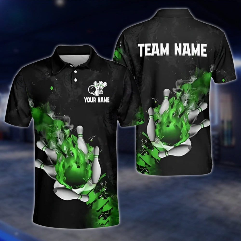 Custom Flaming Ball Bowling Polo Shirt For Mens, Custom Team Flame Bowling Shirts BZ0183 BOW0490