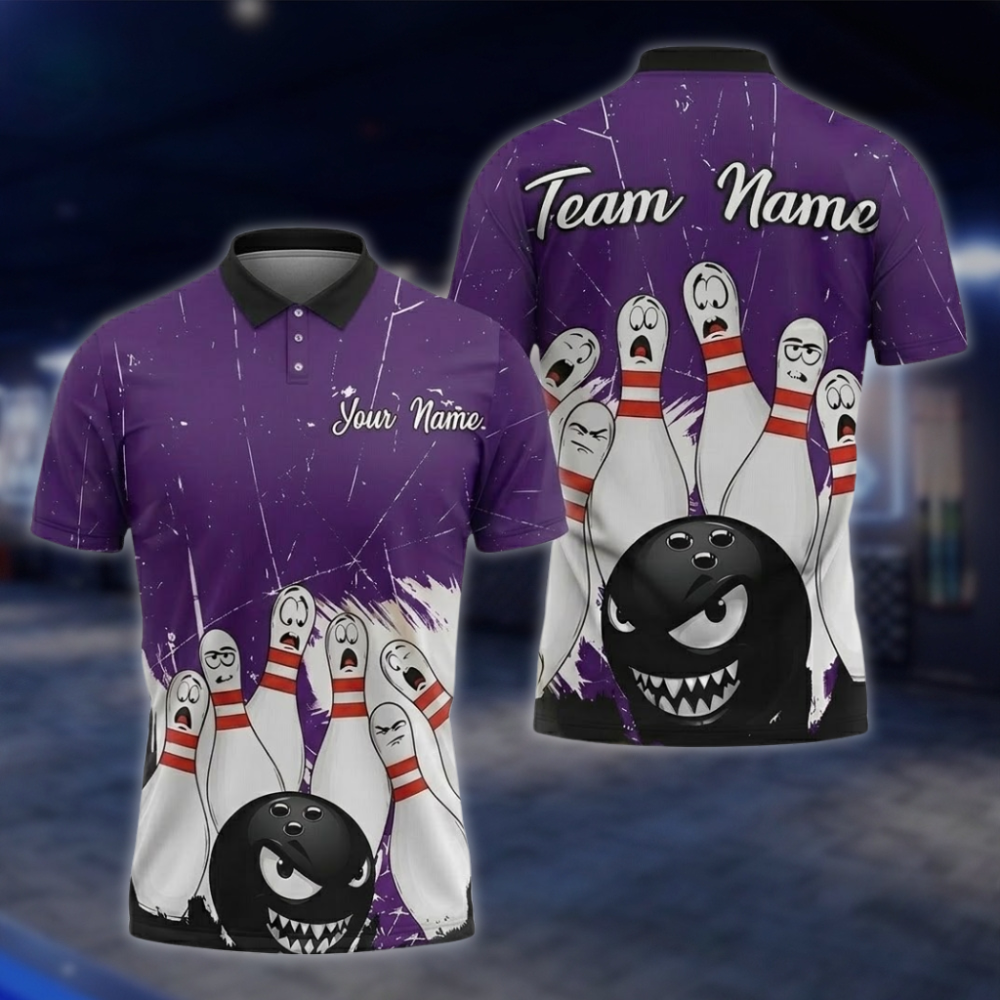 Angry Ball And Scary Pins Personalized Mens Bowling Polo Shirt, Custom Team Bowling Shirts BZ0854 BOW0094