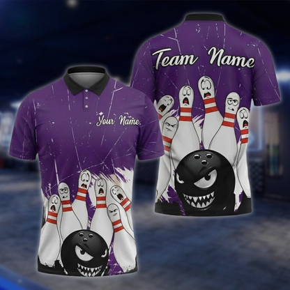 Angry Ball And Scary Pins Personalized Mens Bowling Polo Shirt, Custom Team Bowling Shirts BZ0854 BOW0094