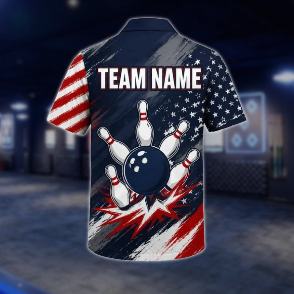 Personalized American Flag Bowling Hawaiian Shirt For Men, Custom Patriot Bowling Team Shirts BE0214 BOW0188