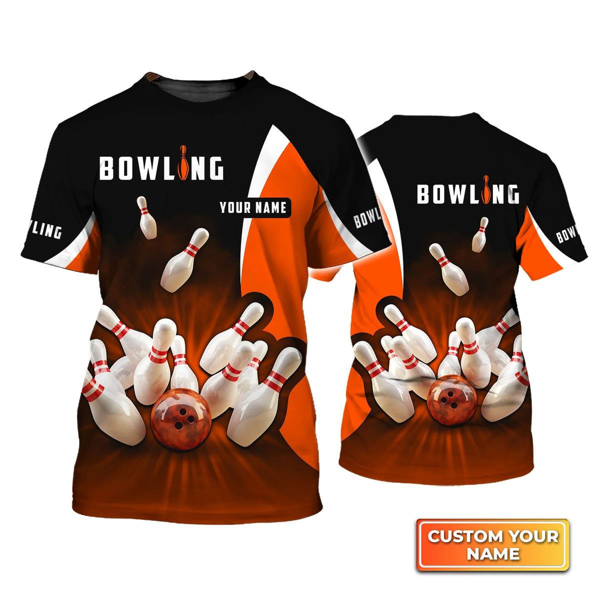 Perfect Orange Strike Bowling Personalized Name 3D Tshirt QB95 Gift For Bowler ORN0267