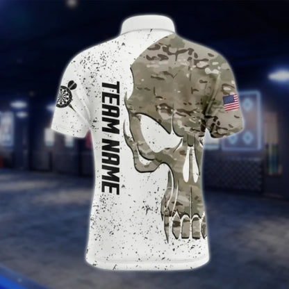 Custom Skull Camo Men's White Dart Polo Shirt, Custom Skull Dart Shirts For Team DAT0428