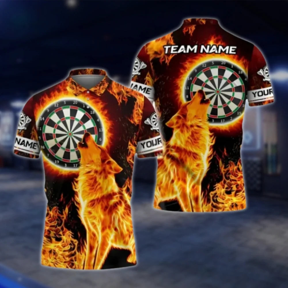 Wolf Blue Flame Custom Mens Dart Polo Shirt, Custom Wolf Team Darts Shirt DAT0420