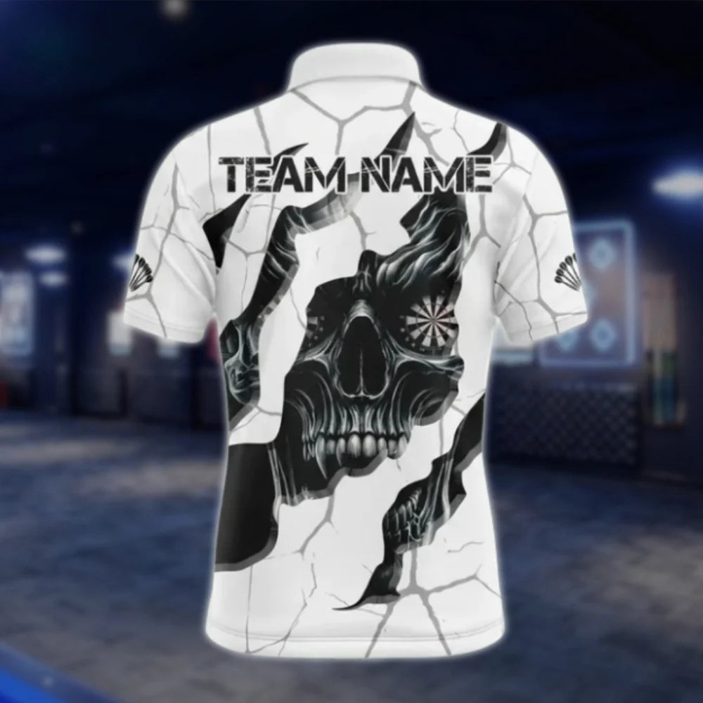 Custom Skull White Black Dart Mens Polo Shirt, Custom Skull Dart Team Shirts DAT0335