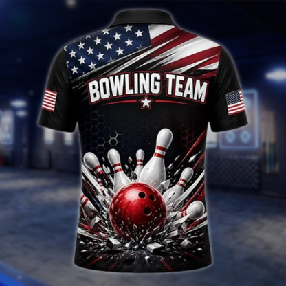 Personalized American Flag Bowling Polo Shirt Mens, Custom Patriotic Bowling Team Shirt BZ0869 BOW0077