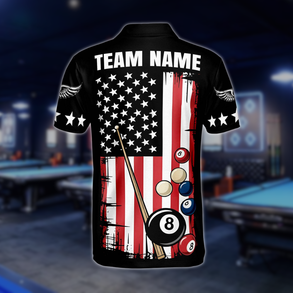 Custom American Flag Billiard Polo Shirt Mens, Custom Patriotic Billiard Team Shirt BLD0028