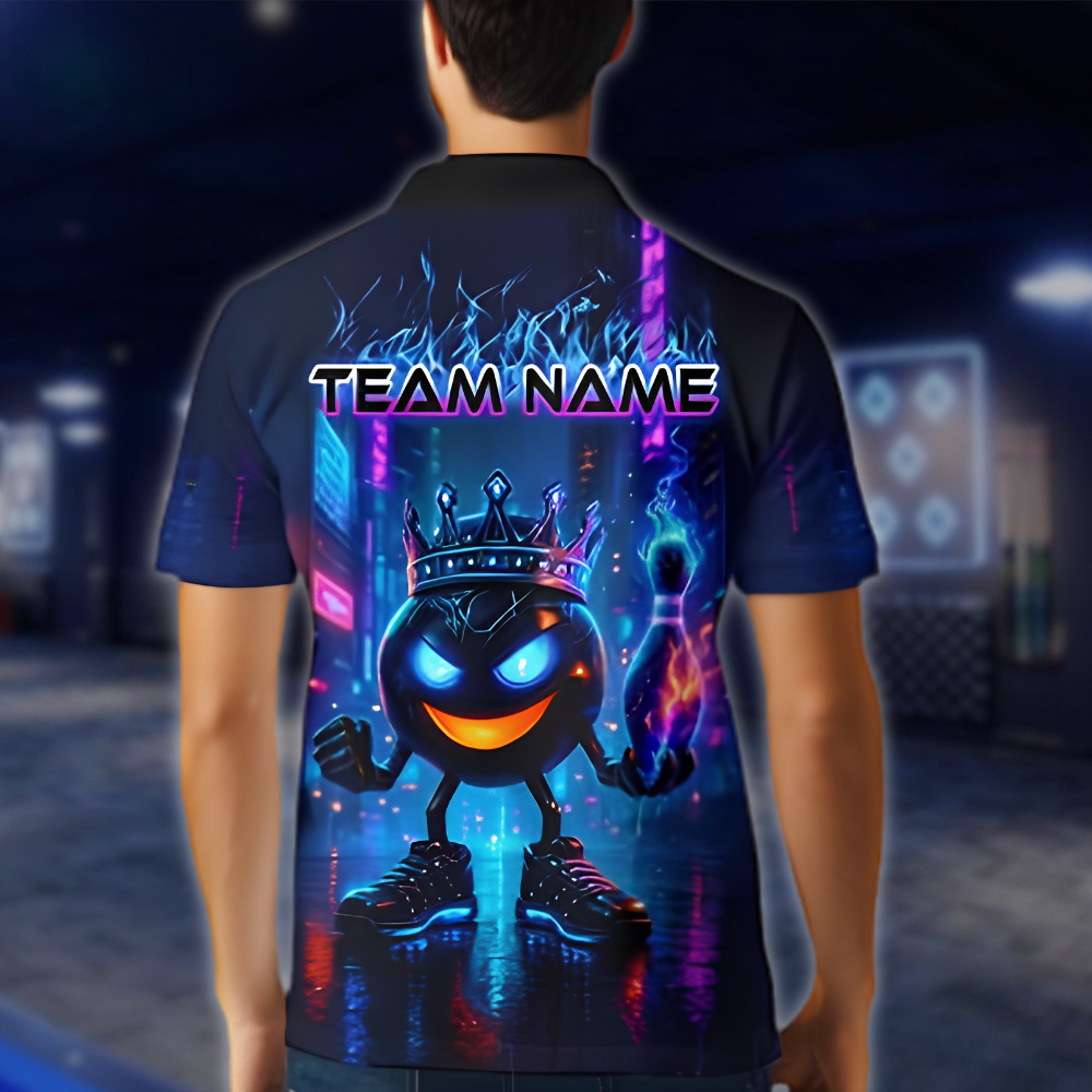 Personalized King Ball Flame Bowling Polo Shirt For Men, Custom Flame Bowling Team Shirt Neon BZ0881 BOW0062