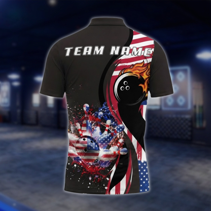 Personalized USA Flag Fire Ball Bowling Polo Shirt For Men, Custom Patriotic Bowling Shirts For Team BZ0756 BOW0163
