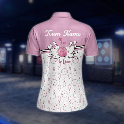 Custom Queen Of The Lanes Bowling Womens Polo Shirt, Pink And White Custom Funny Bowling Shirts For Ladies BW0116 BOW0208